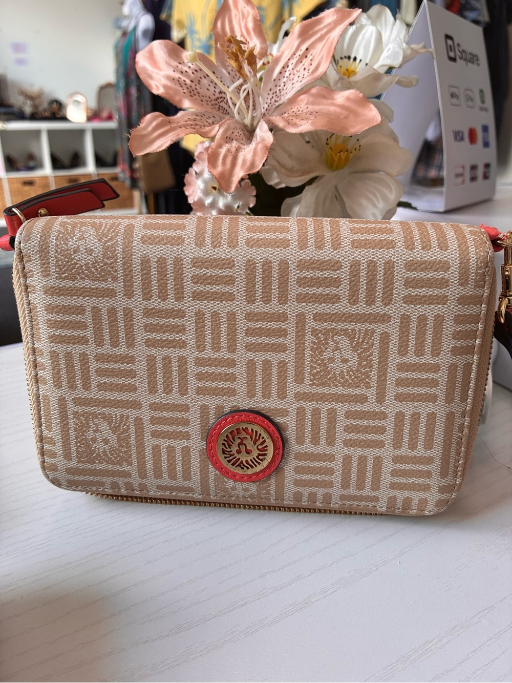 Anne Klein Beige Patterned Crossbody Bag with Coral Accent